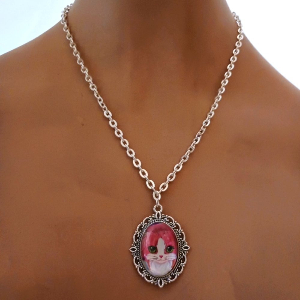 Lisa Frank Pink Kitty Pendant in Silver Frame.